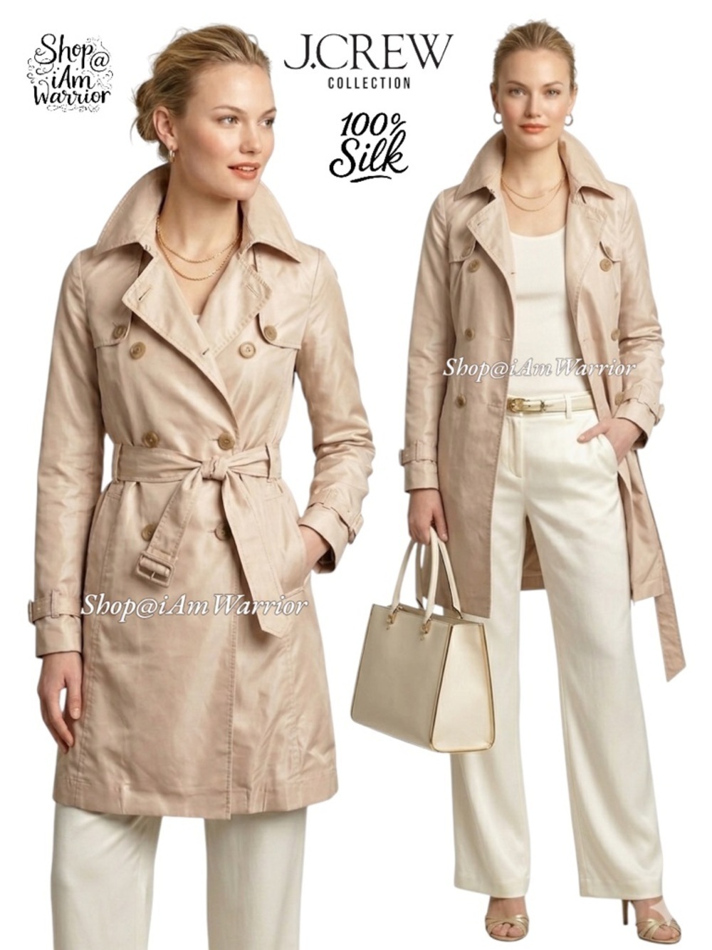 J.Crew Collection Silk Taffeta Buff Beige Double Breasted Belted Trench Coat